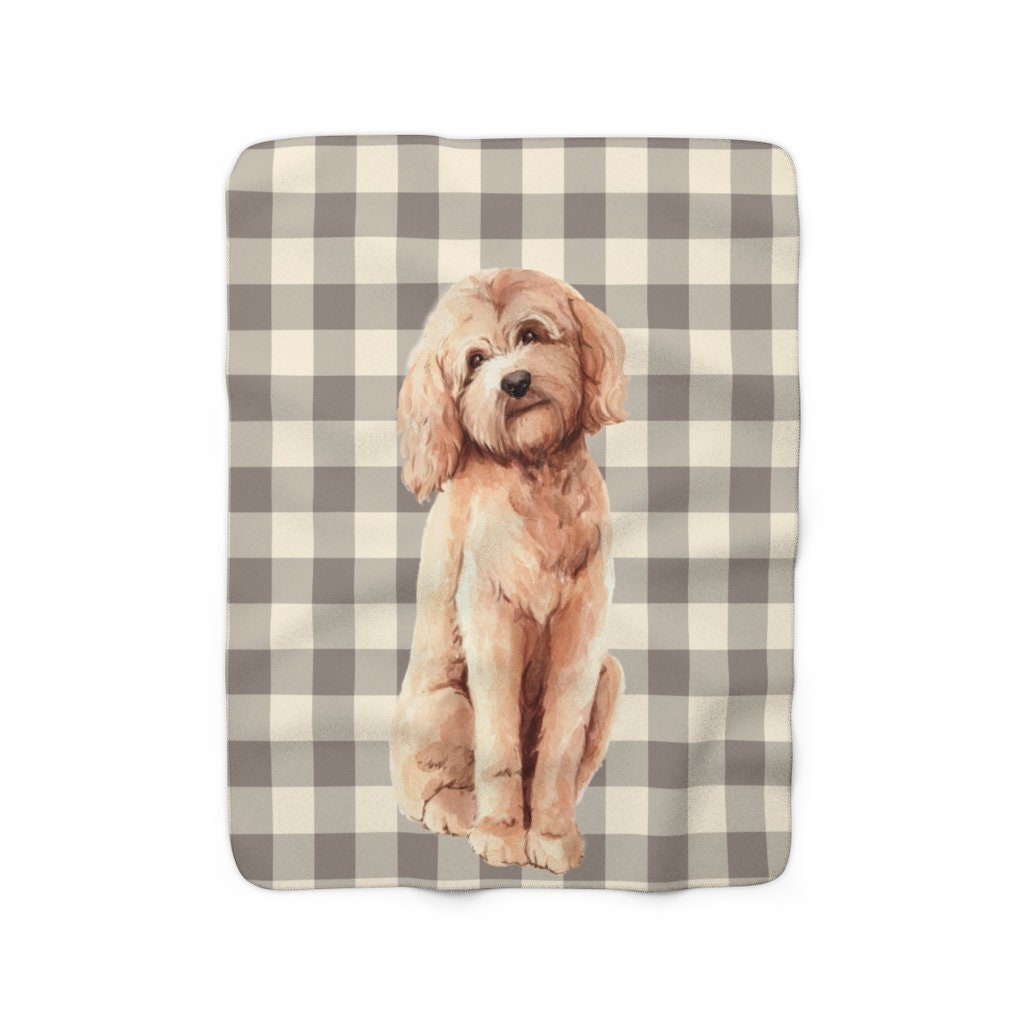 Doodle Sherpa Fleece Blanket - Tan and Brown Buffalo Check Pattern -Goldendoodle Mom, Doodle Lover Gift