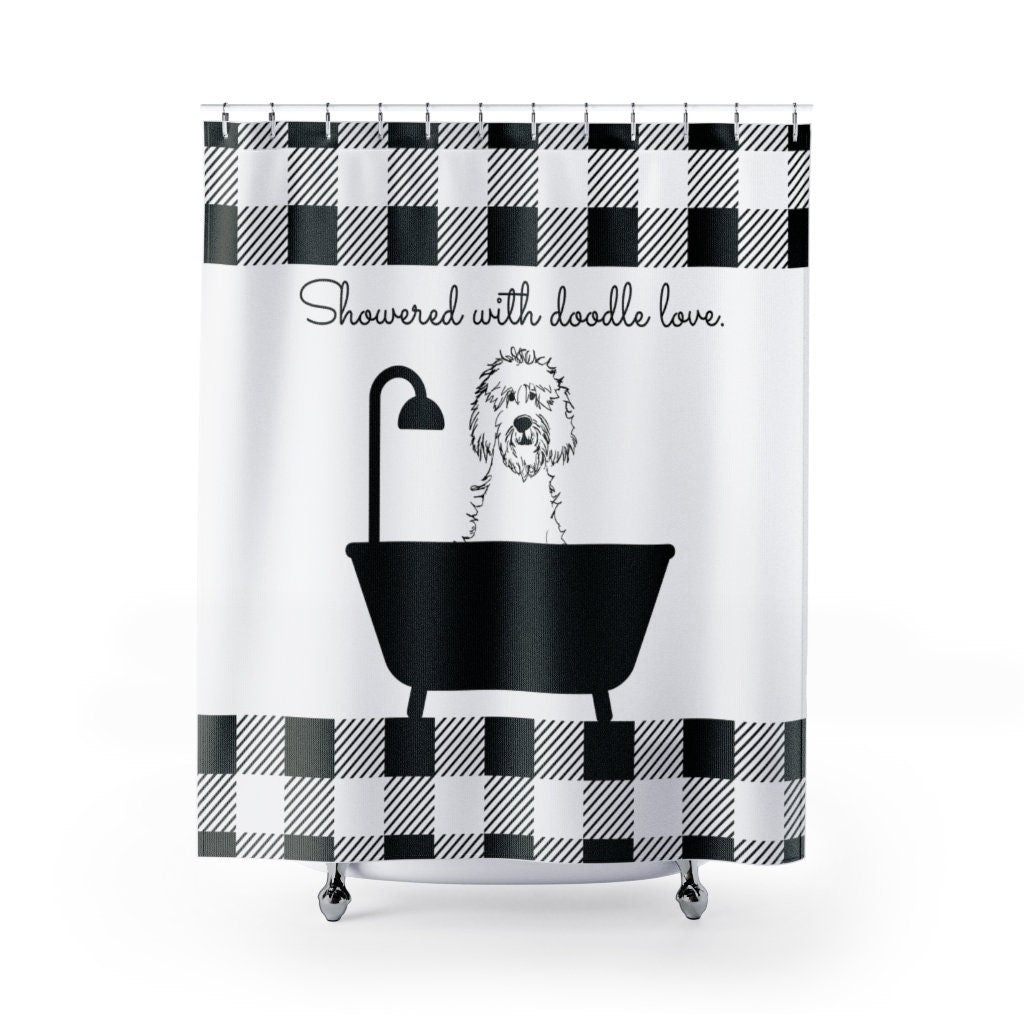 Doodle Dog Shower Curtain - Farmhouse Buffalo Check, Doodle Mom, Bathroom Decor Curtain