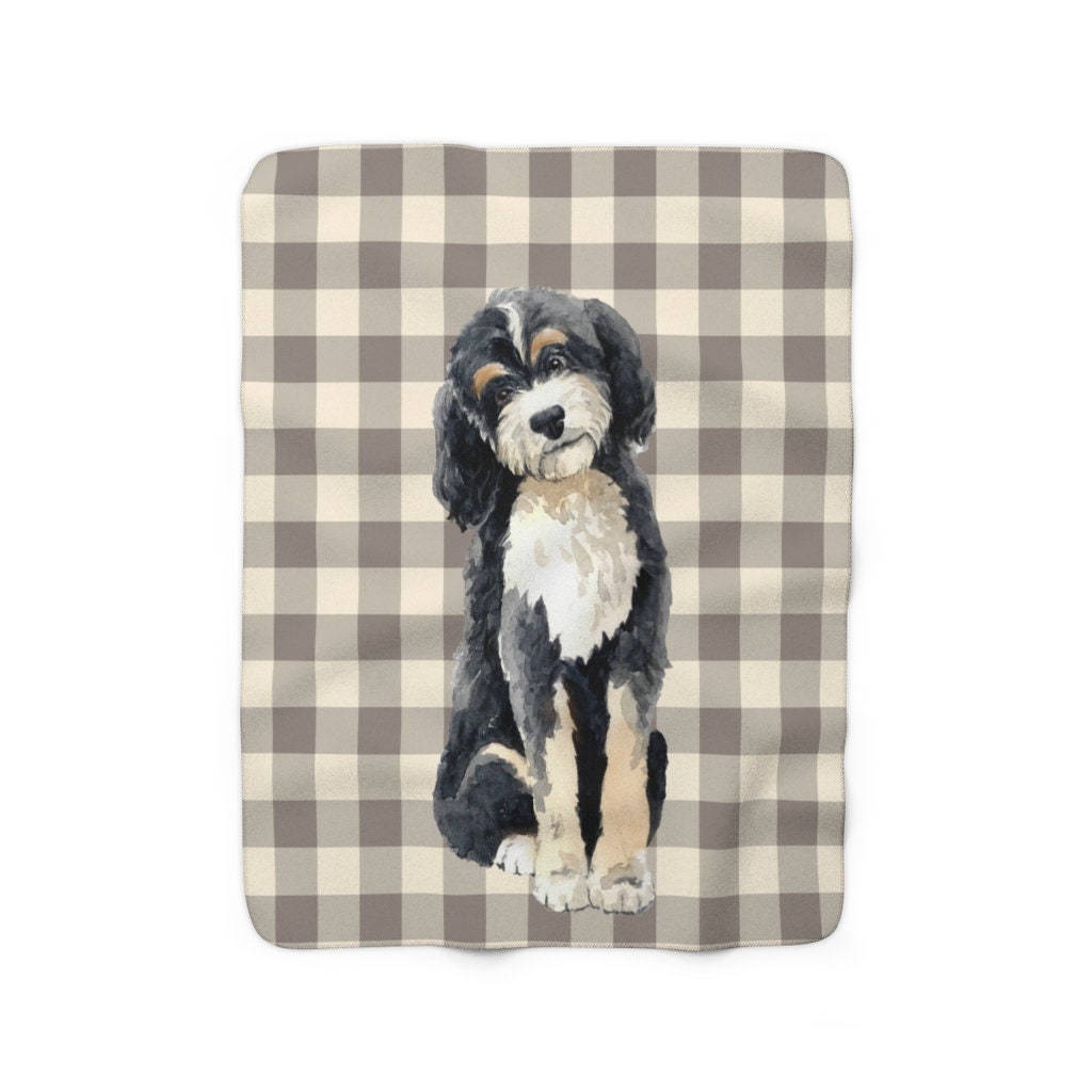 Bernedoodle Fleece Blanket - Beige and Brown Buffalo Check Pattern -Bernedoodle Mom Gift, Doodle Lover Gift