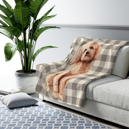 Doodle Sherpa Fleece Blanket - Tan and Brown Buffalo Check Pattern -Goldendoodle Mom, Doodle Lover Gift