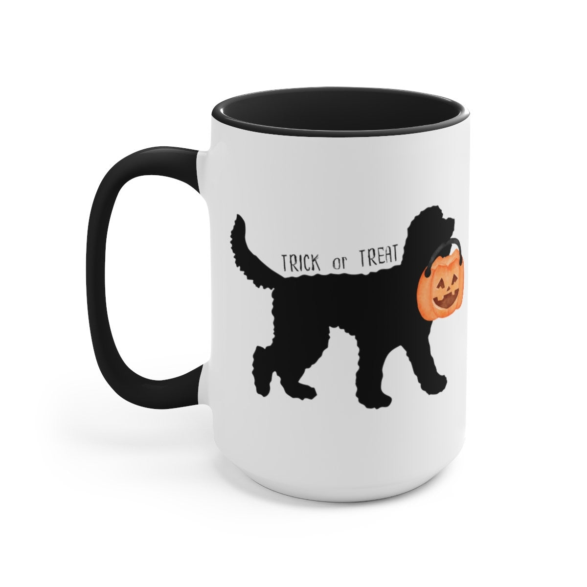 Doodle Dog Silhouette Halloween Two-Tone Coffee Mug 15oz - Doodle Mom Or Dad Gift, Goldendoodle, Bernedoodle, Labradoodle and More