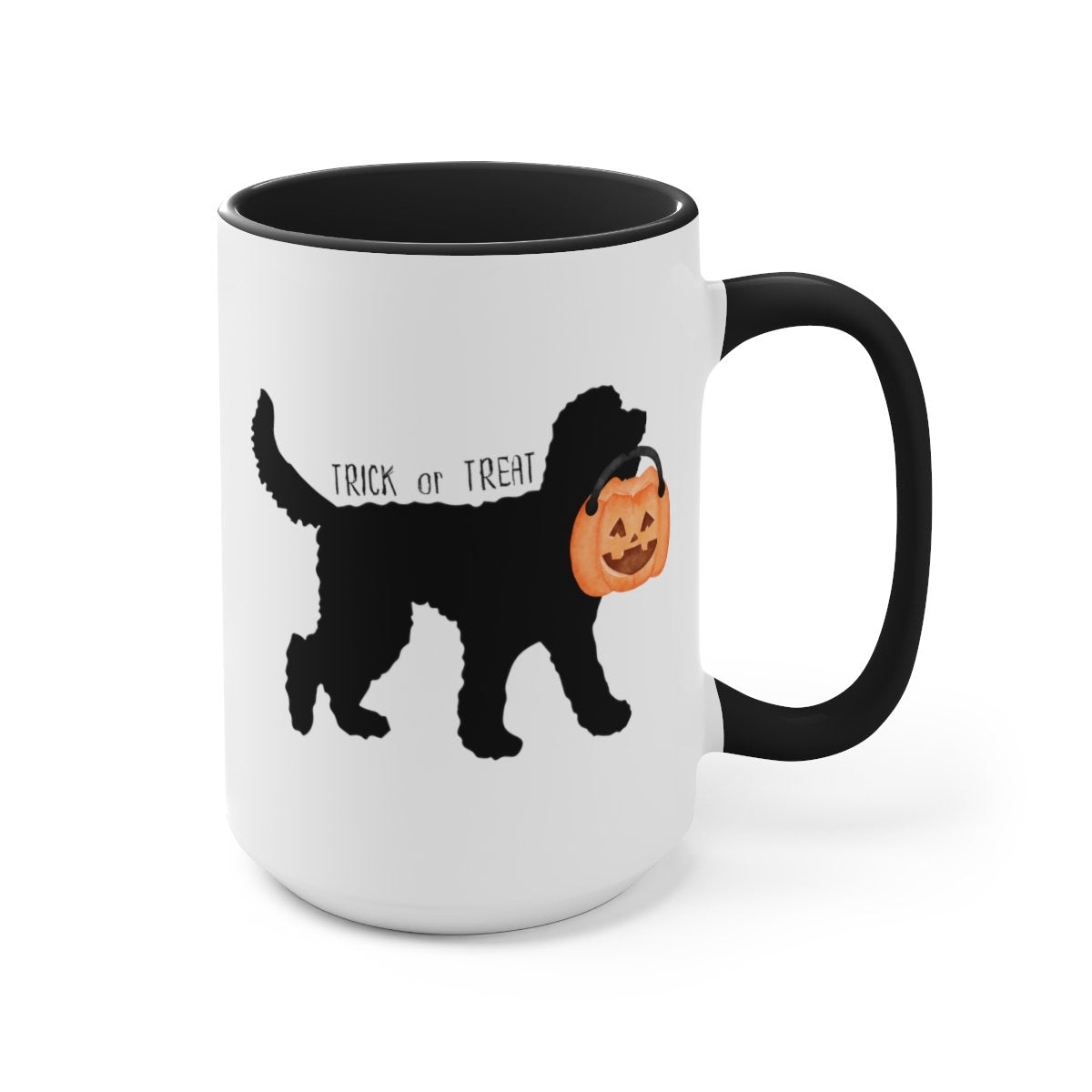 Doodle Dog Silhouette Halloween Two-Tone Coffee Mug 15oz - Doodle Mom Or Dad Gift, Goldendoodle, Bernedoodle, Labradoodle and More