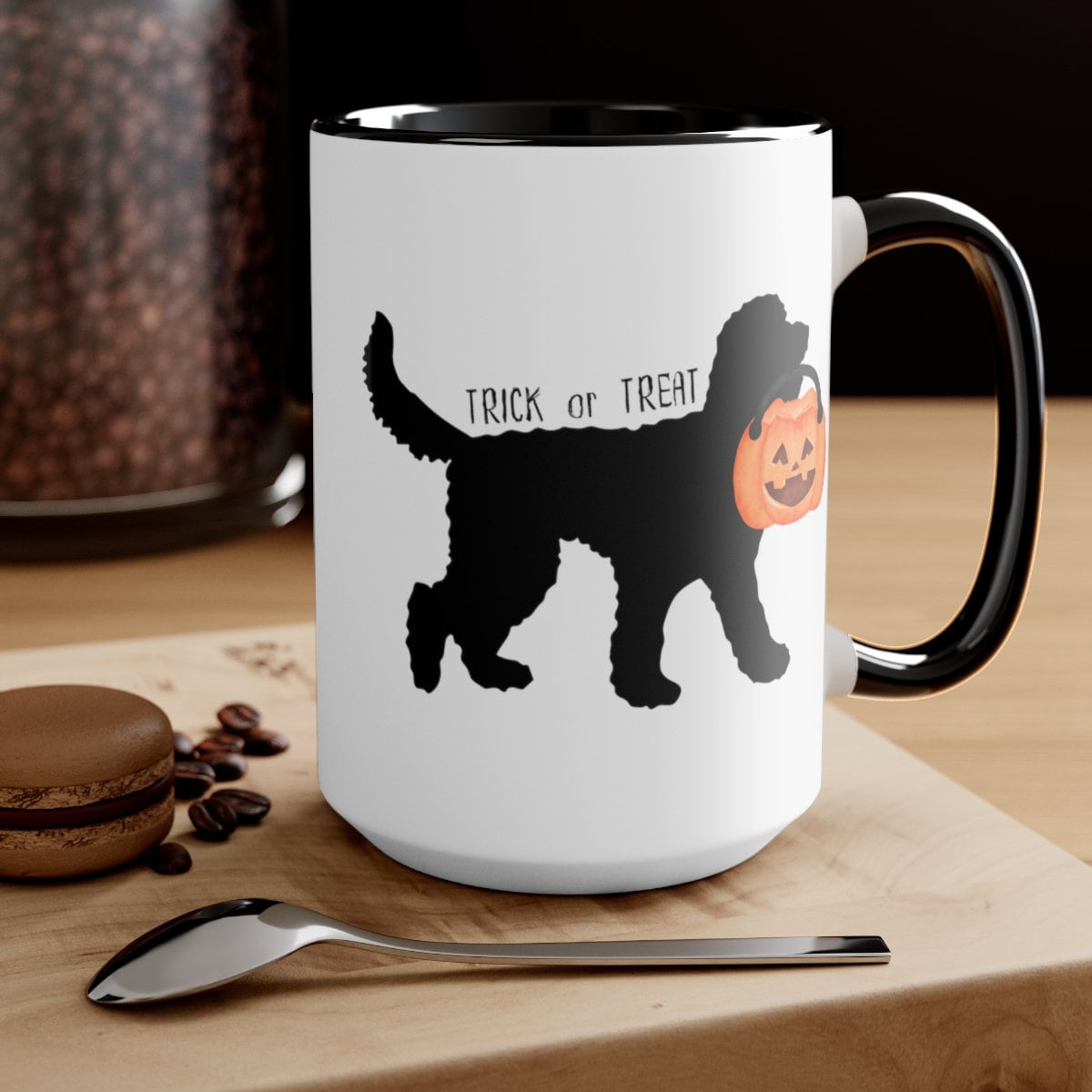 Doodle Dog Silhouette Halloween Two-Tone Coffee Mug 15oz - Doodle Mom Or Dad Gift, Goldendoodle, Bernedoodle, Labradoodle and More