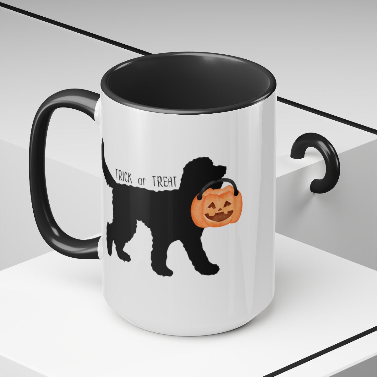 Doodle Dog Silhouette Halloween Two-Tone Coffee Mug 15oz - Doodle Mom Or Dad Gift, Goldendoodle, Bernedoodle, Labradoodle and More