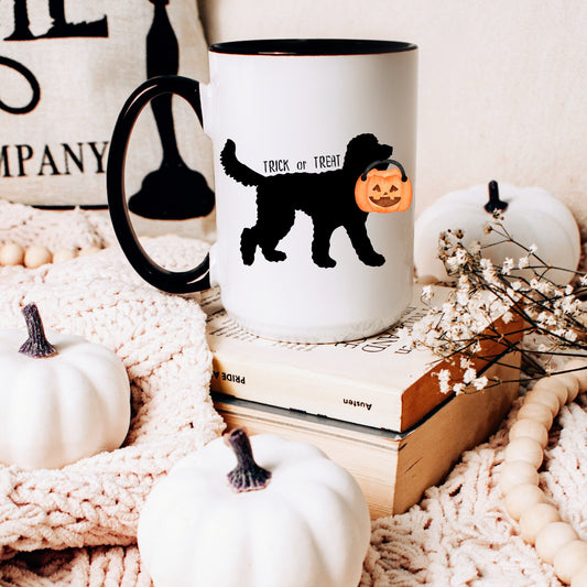 Doodle Dog Silhouette Halloween Two-Tone Coffee Mug 15oz - Doodle Mom Or Dad Gift, Goldendoodle, Bernedoodle, Labradoodle and More