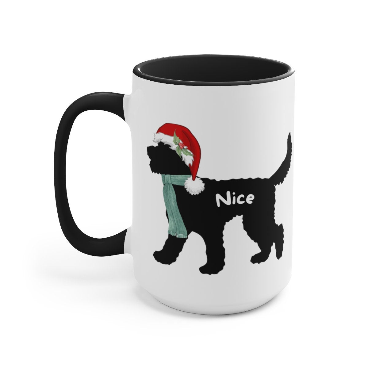 Christmas Doodle Dog Silhouette Two-Tone 15 Oz Coffee Mug - Doodle Mom or Dad Gift Idea, Goldendoodle, Bernedoodle, Aussiedoodle,