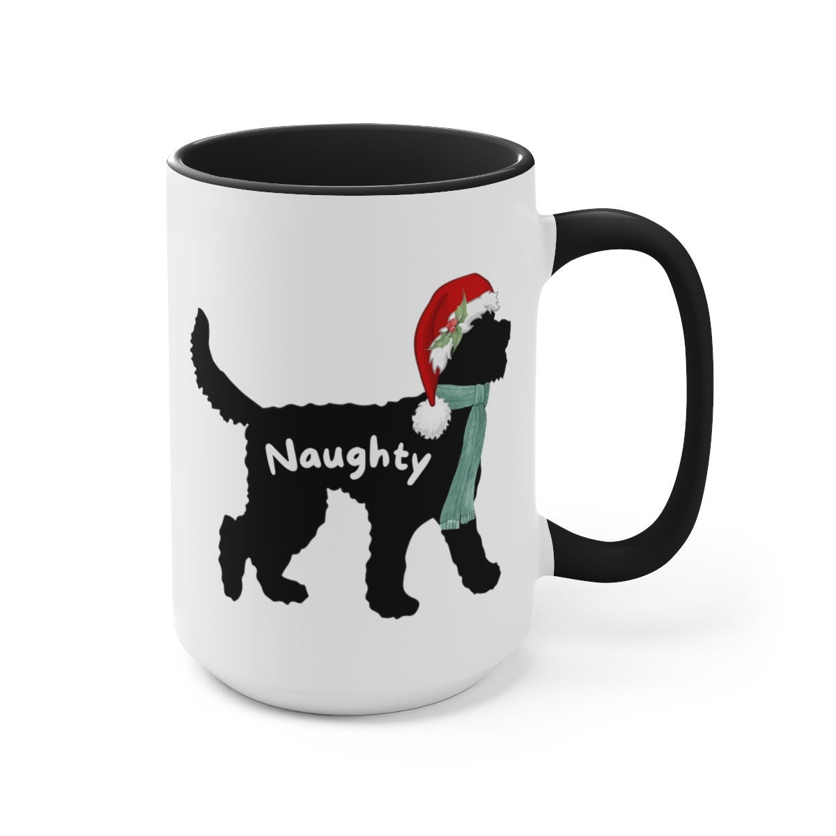 Christmas Doodle Dog Silhouette Two-Tone 15 Oz Coffee Mug - Doodle Mom or Dad Gift Idea, Goldendoodle, Bernedoodle, Aussiedoodle,