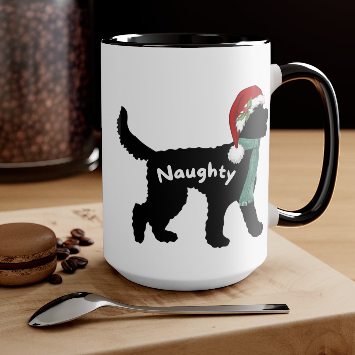 Christmas Doodle Dog Silhouette Two-Tone 15 Oz Coffee Mug - Doodle Mom or Dad Gift Idea, Goldendoodle, Bernedoodle, Aussiedoodle,