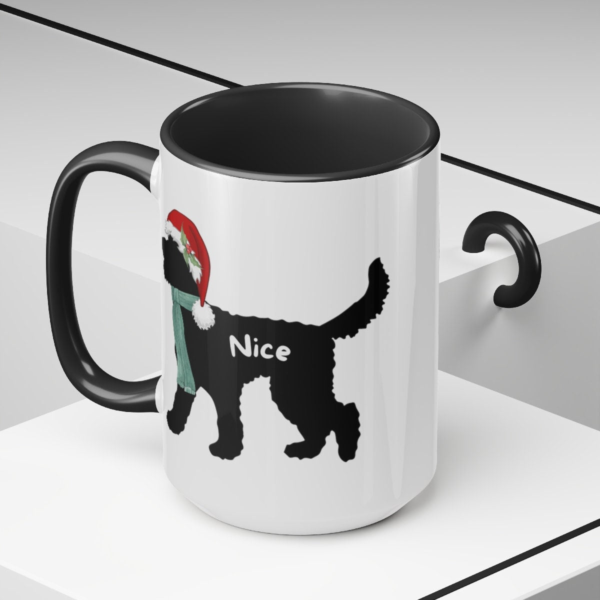 Christmas Doodle Dog Silhouette Two-Tone 15 Oz Coffee Mug - Doodle Mom or Dad Gift Idea, Goldendoodle, Bernedoodle, Aussiedoodle,