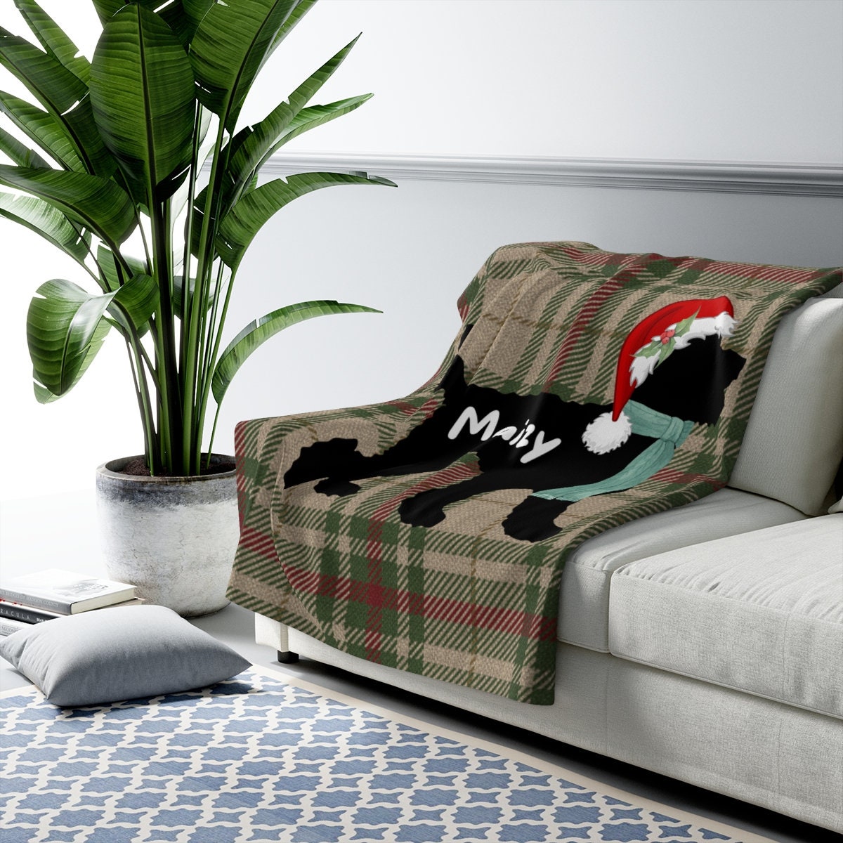 Personalized Christmas Doodle Dog Silhouette - Sherpa Fleece Plaid Blanket in 2 Sizes, Doodle Mom or Dad Holiday Gift, Doodle Dog