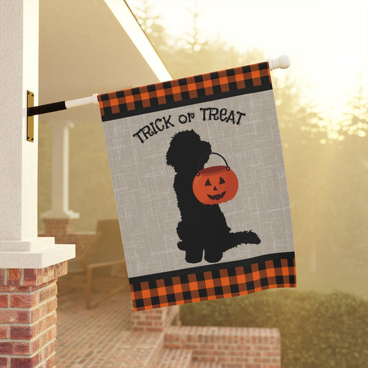 Trick or Treat Halloween Garden Flag Banner - Doodle Fall Decor, Doodle Mom/Dad Gift, Goldendoodle, Bernedoodle, Etc., Pole Not In