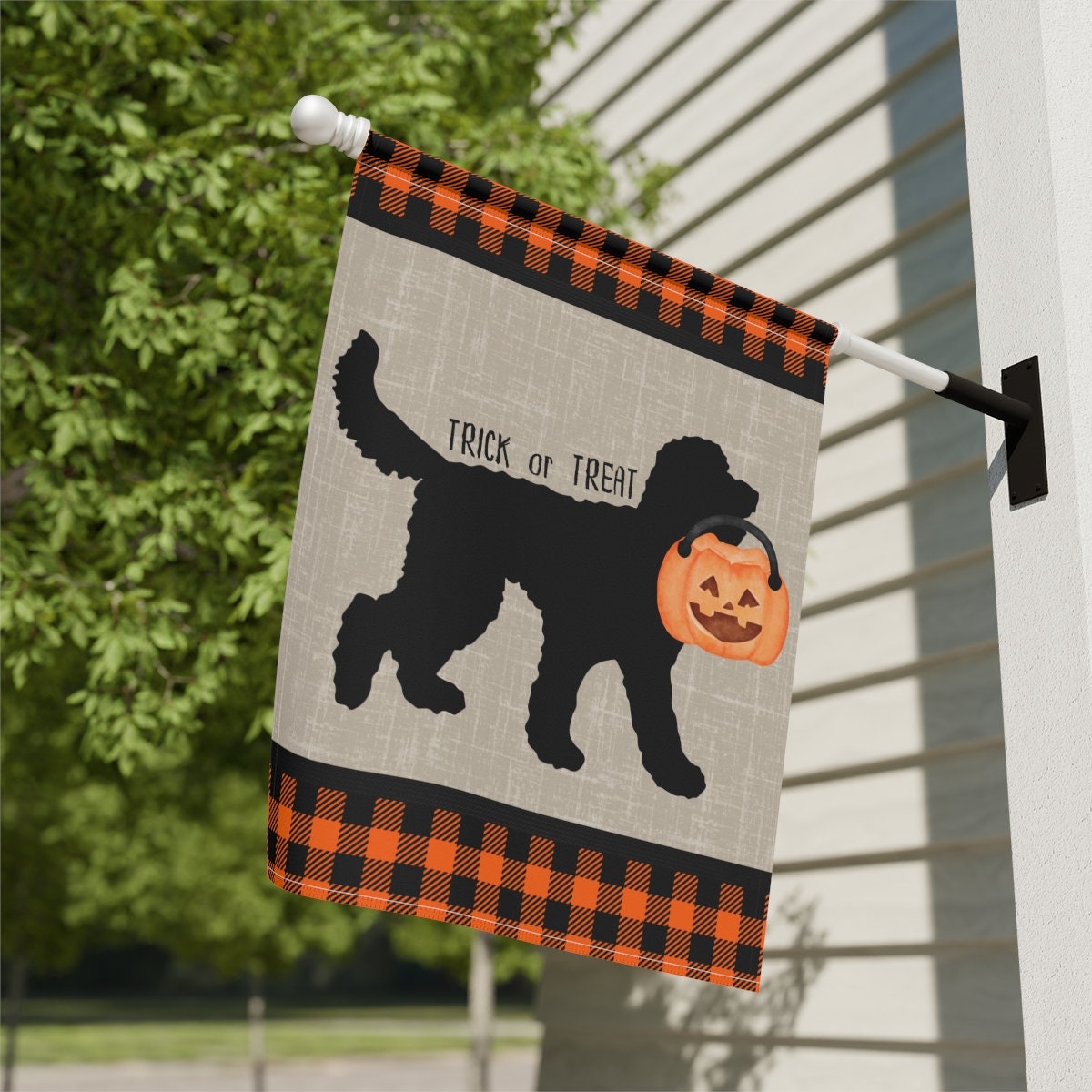 Doodle Dog Halloween Home & Garden Flag Banner - Doodle Fall Decor, Doodle Mom/Dad Gift, Goldendoodle, Bernedoodle, Pole Not Inclu