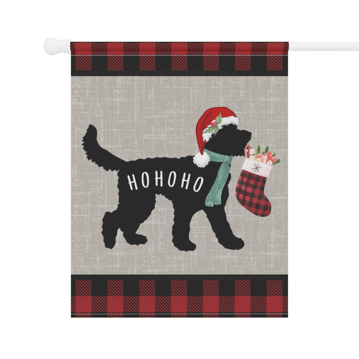 Doodle Dog Christmas HoHoHo Home & Garden Flag Banner - Doodle Decor, Doodle Mom/Dad Gift, Goldendoodle, Bernedoodle, Etc. Pole No