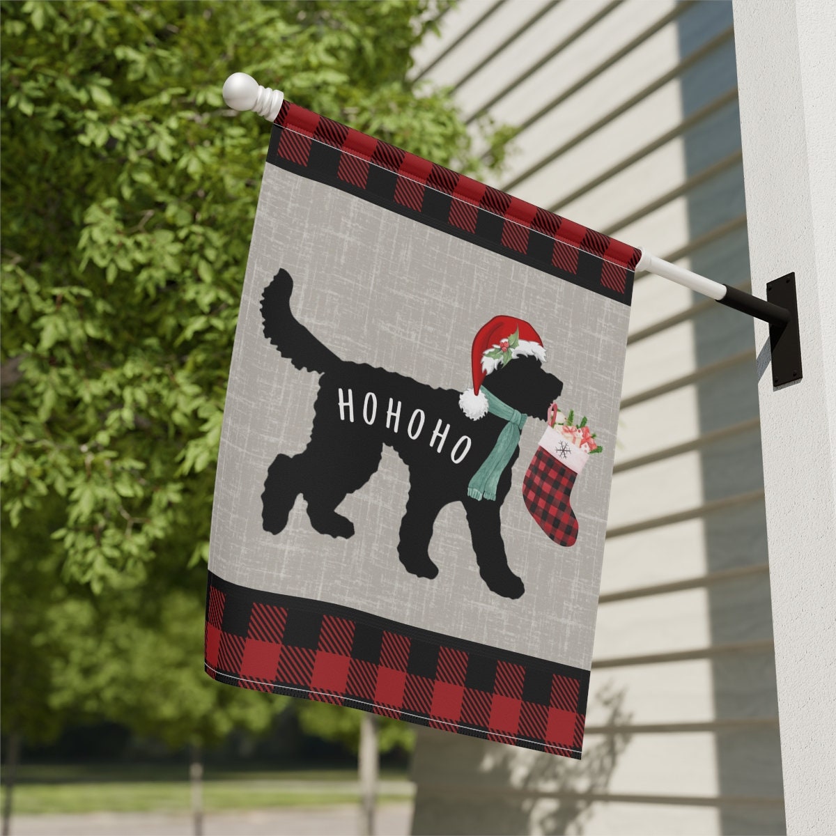 Doodle Dog Christmas HoHoHo Home & Garden Flag Banner - Doodle Decor, Doodle Mom/Dad Gift, Goldendoodle, Bernedoodle, Etc. Pole No