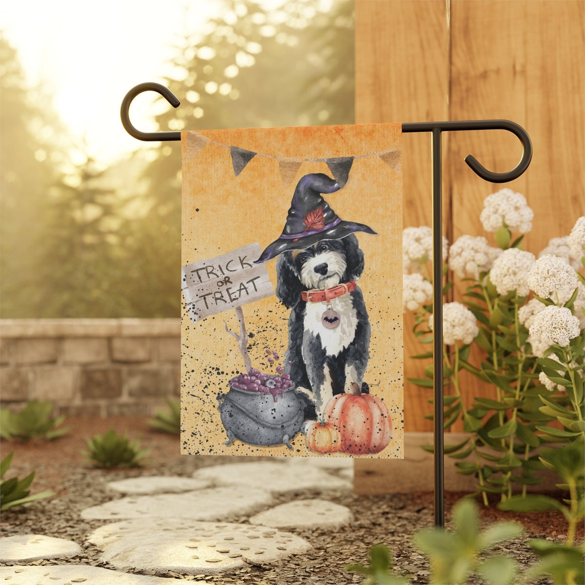 Bernedoodle - Doodle Dog Fall/Halloween Garden, House Flag / Banner, Double-sided, Bernedoodle Mom or Dad Gift Idea, Stand Not Inc