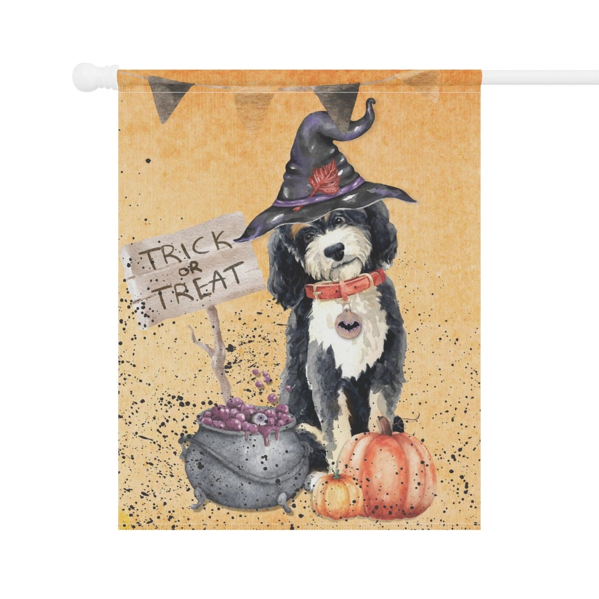 Bernedoodle Halloween Witch - House, Porch Flag-Banner, Doodle Dog Mom and Dad Gift, Double-sided,Pole Not Included