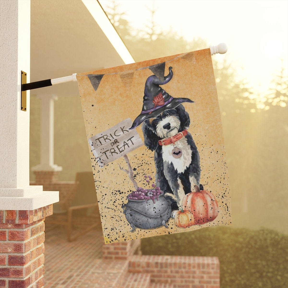 Bernedoodle Halloween Witch - House, Porch Flag-Banner, Doodle Dog Mom and Dad Gift, Double-sided,Pole Not Included