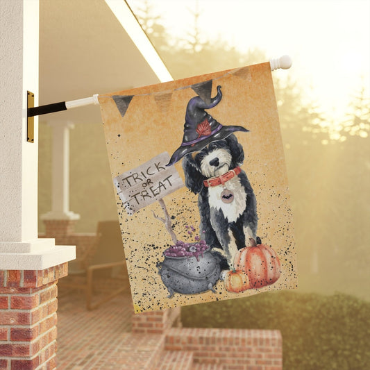 Bernedoodle Halloween Witch - House, Porch Flag-Banner, Doodle Dog Mom and Dad Gift, Double-sided,Pole Not Included