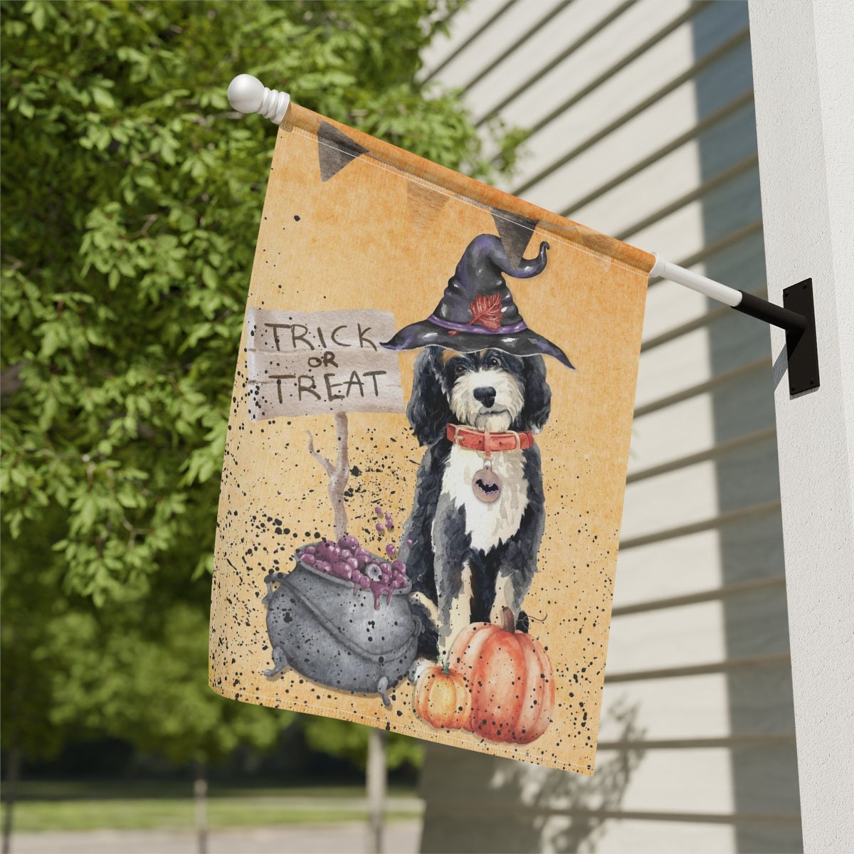 Bernedoodle Halloween Witch - House, Porch Flag-Banner, Doodle Dog Mom and Dad Gift, Double-sided,Pole Not Included