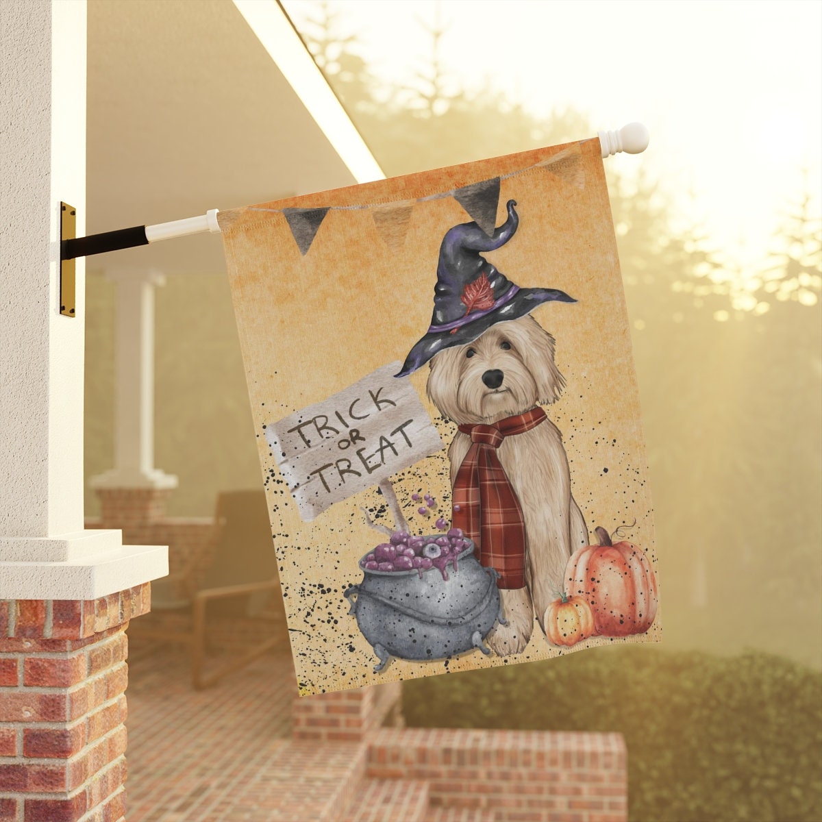 Goldendoodle - Labradoodle, Doodle Dog Fall and Halloween House Flag/Banner, Double-sided Flag for Porch or Outside Space, Pole No