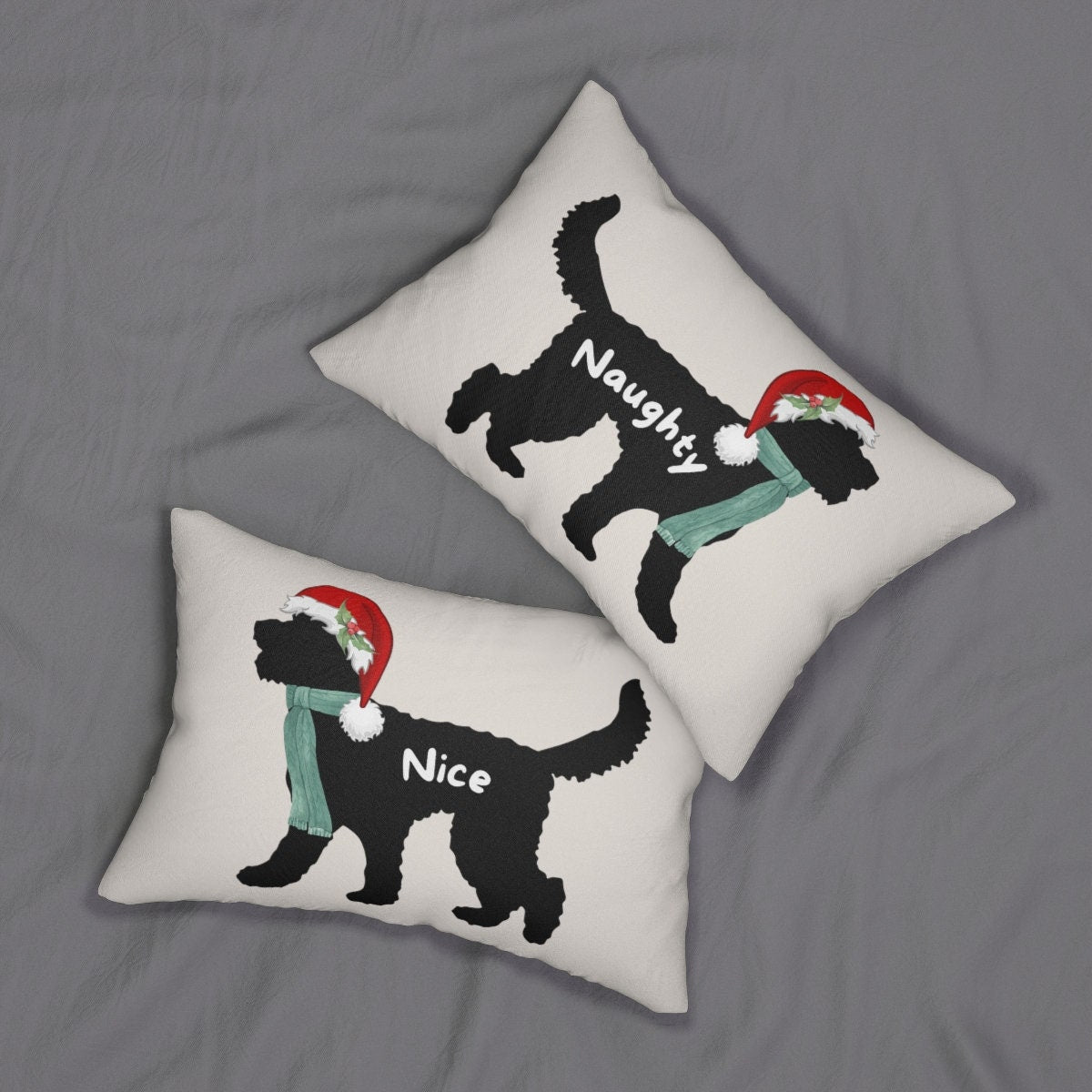 Doodle Dog Holiday Christmas Pillow - Naughty and Nice Doodle With Santa Hat, Doodle Mom Dad Gift, Fun Doodle Decor for the Holida