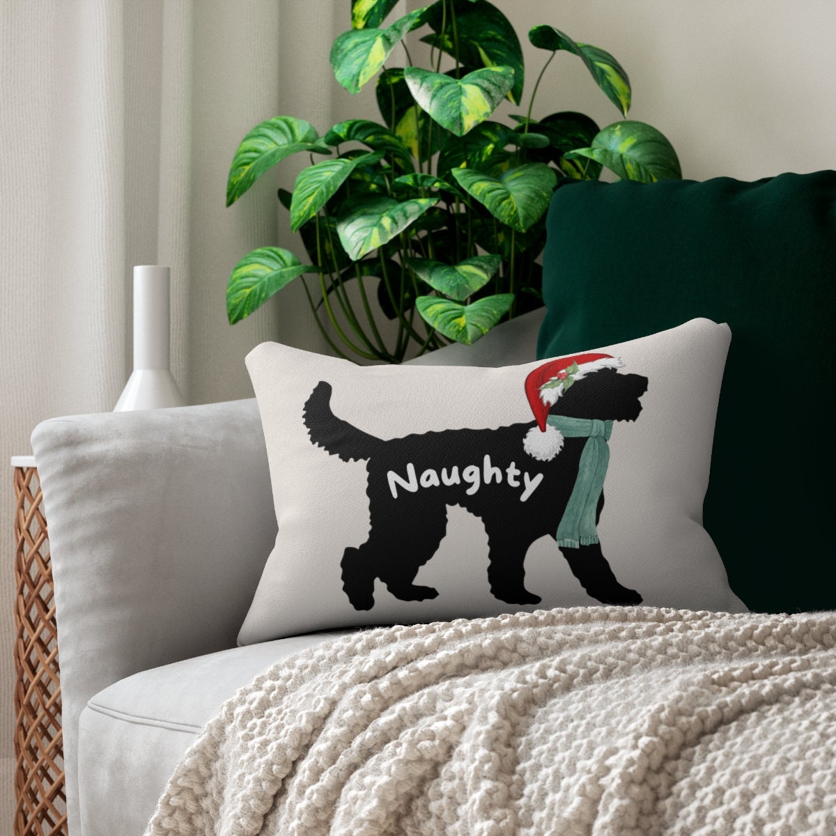 Doodle Dog Holiday Christmas Pillow - Naughty and Nice Doodle With Santa Hat, Doodle Mom Dad Gift, Fun Doodle Decor for the Holida