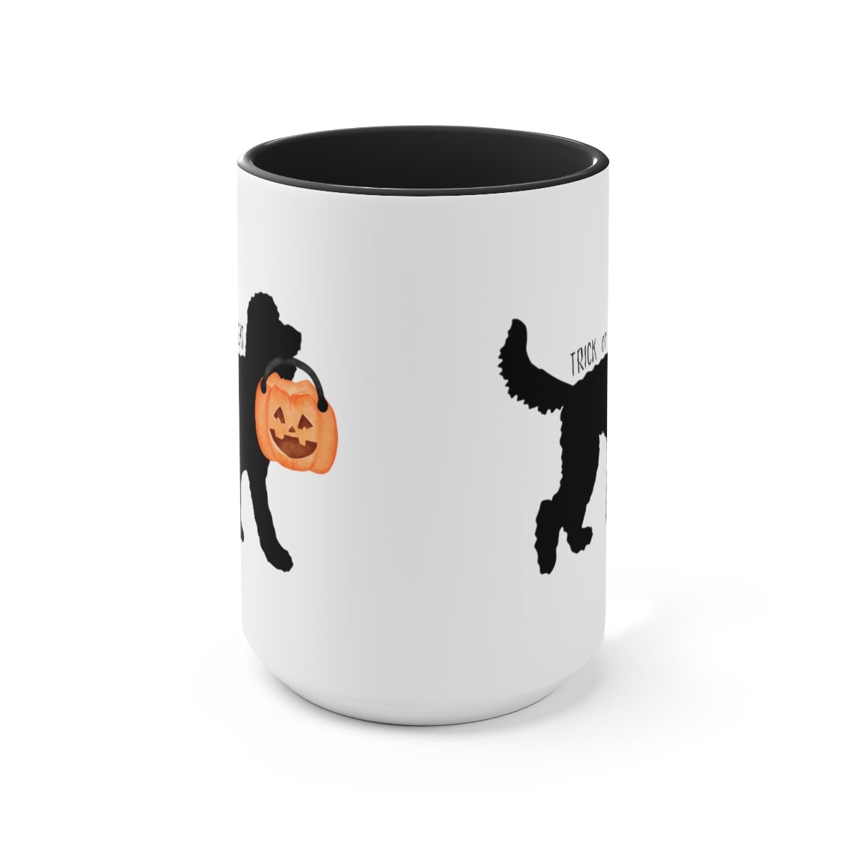 Doodle Dog Silhouette Halloween Two-Tone Coffee Mug 15oz - Doodle Mom Or Dad Gift, Goldendoodle, Bernedoodle, Labradoodle and More