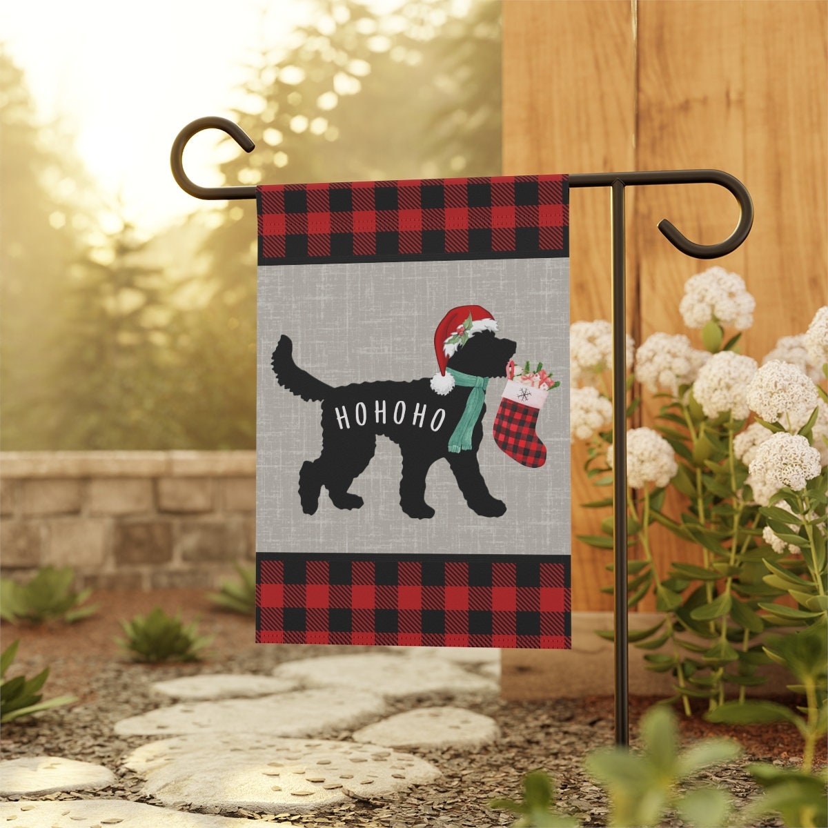 Doodle Dog Silhouette Christmas Santa HoHoHo Flag - Holiday Gift Idea for Doodle Mom or Dad Owner, Goldendoodle, Bernedoodle, Etc.