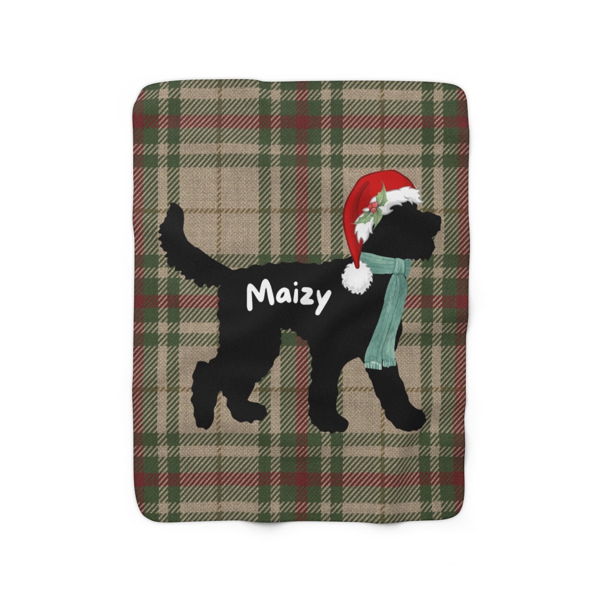 Personalized Christmas Doodle Dog Silhouette - Sherpa Fleece Plaid Blanket in 2 Sizes, Doodle Mom or Dad Holiday Gift, Doodle Dog