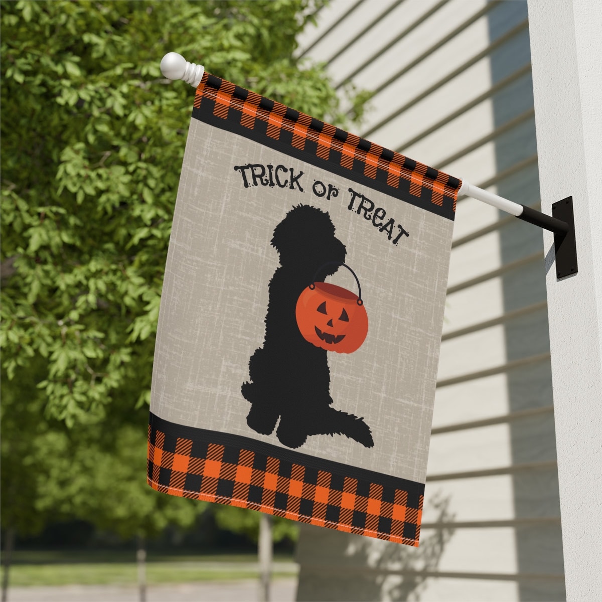 Trick or Treat Halloween Garden Flag Banner - Doodle Fall Decor, Doodle Mom/Dad Gift, Goldendoodle, Bernedoodle, Etc., Pole Not In