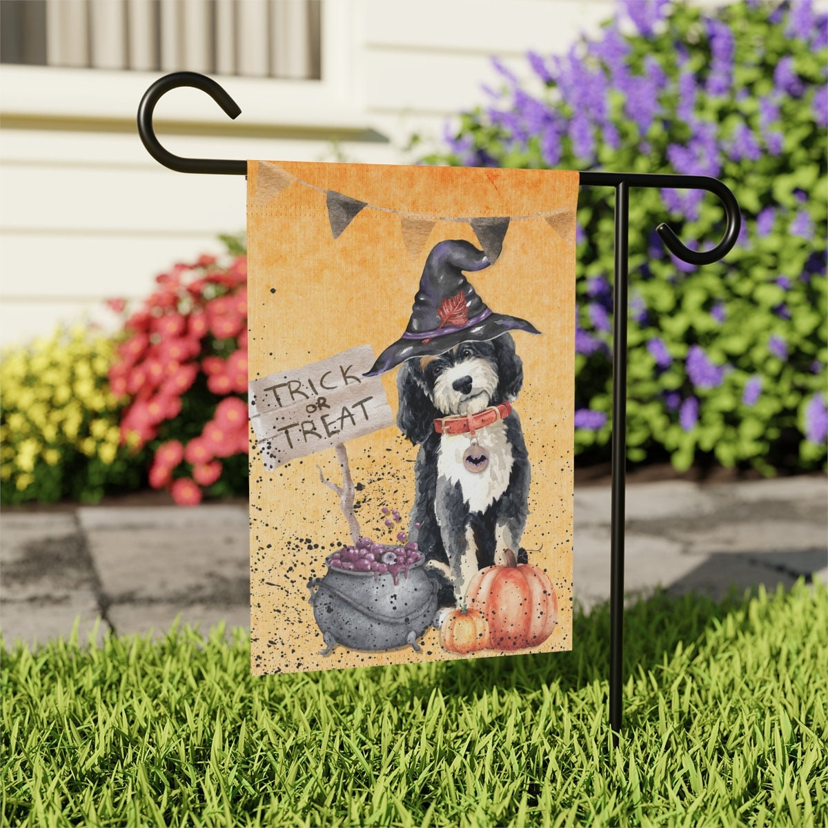 Bernedoodle - Doodle Dog Fall/Halloween Garden, House Flag / Banner, Double-sided, Bernedoodle Mom or Dad Gift Idea, Stand Not Inc