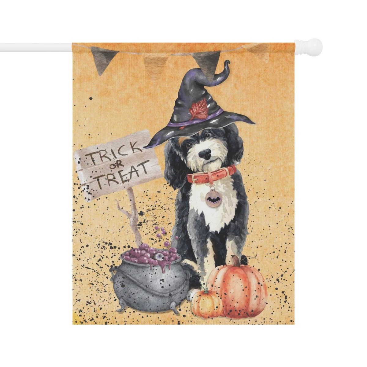 Bernedoodle Halloween Witch - House, Porch Flag-Banner, Doodle Dog Mom and Dad Gift, Double-sided,Pole Not Included