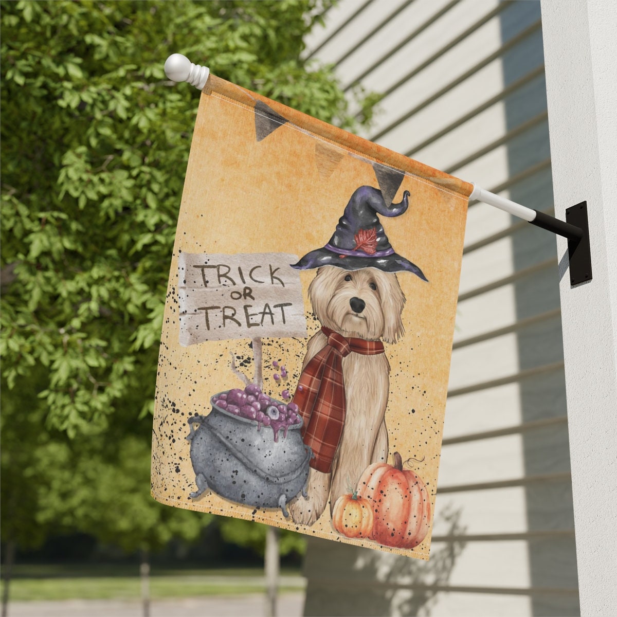 Goldendoodle - Labradoodle, Doodle Dog Fall and Halloween House Flag/Banner, Double-sided Flag for Porch or Outside Space, Pole No