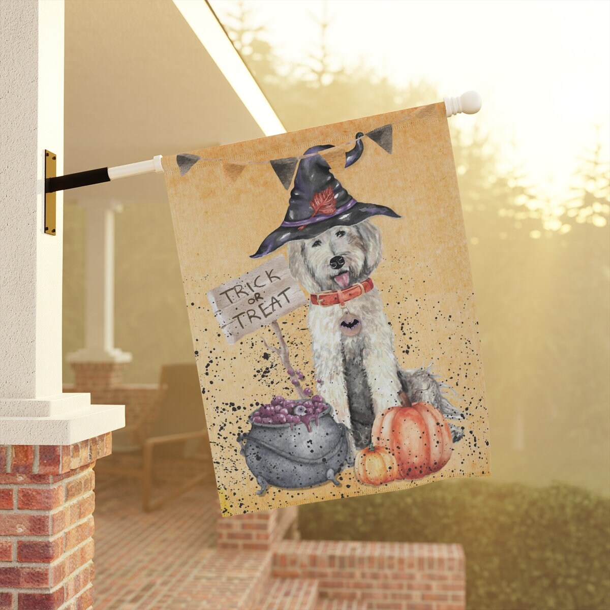 Goldendoodle - Labradoodle, Doodle Dog Fall/Halloween Garden, House Flag / Banner, Double-sided, Doodle Mom or Dad Gift Idea Pole