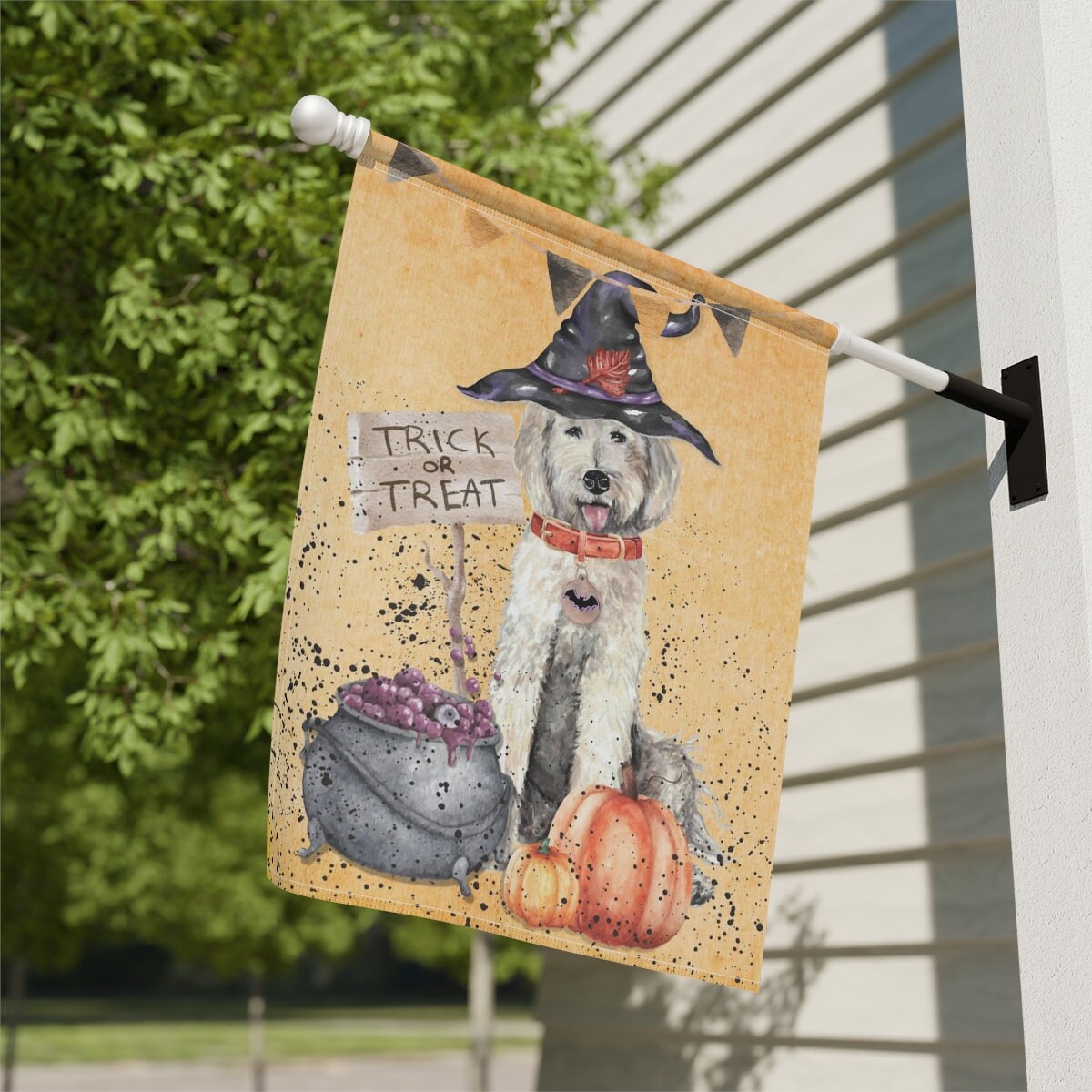 Goldendoodle - Labradoodle, Doodle Dog Fall/Halloween Garden, House Flag / Banner, Double-sided, Doodle Mom or Dad Gift Idea Pole