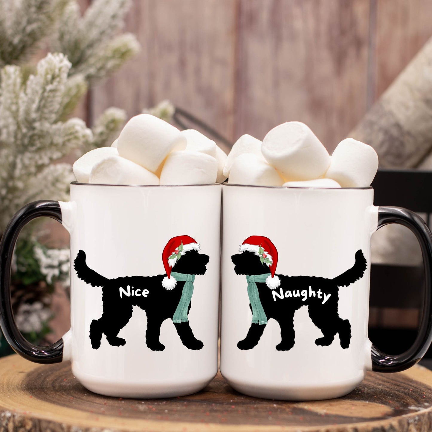 Christmas Doodle Dog Silhouette Two-Tone 15 Oz Coffee Mug - Doodle Mom or Dad Gift Idea, Goldendoodle, Bernedoodle, Aussiedoodle,