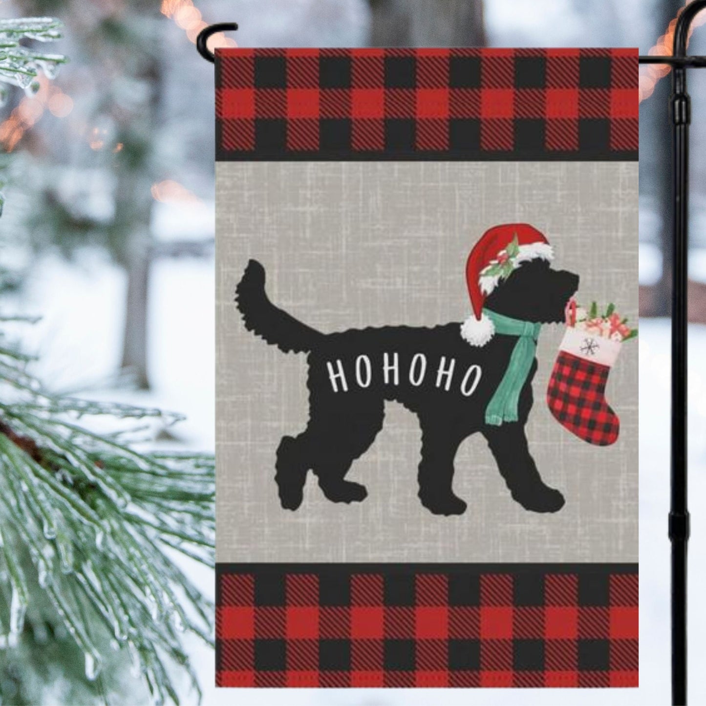 Doodle Dog Silhouette Christmas Santa HoHoHo Flag - Holiday Gift Idea for Doodle Mom or Dad Owner, Goldendoodle, Bernedoodle, Etc.