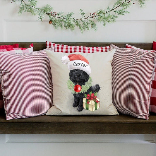 Black Doodle Christmas Pillow Beige Background - Labradoodle, Goldendoodle, Doodle Dog Mom/ Dad Gift, Personalized Doodle Keepsake