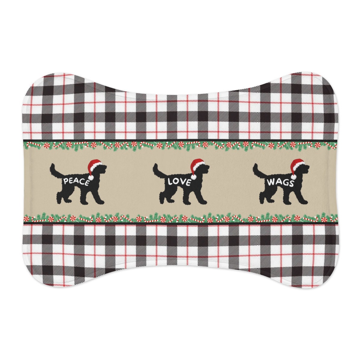 Doodle Dog Pet Feeding Mat - Bone-shaped Plaid Christmas Edition, Great Gift Idea for Doodle Mom Or Dad, Doodle Pet Bowl Mat, Food