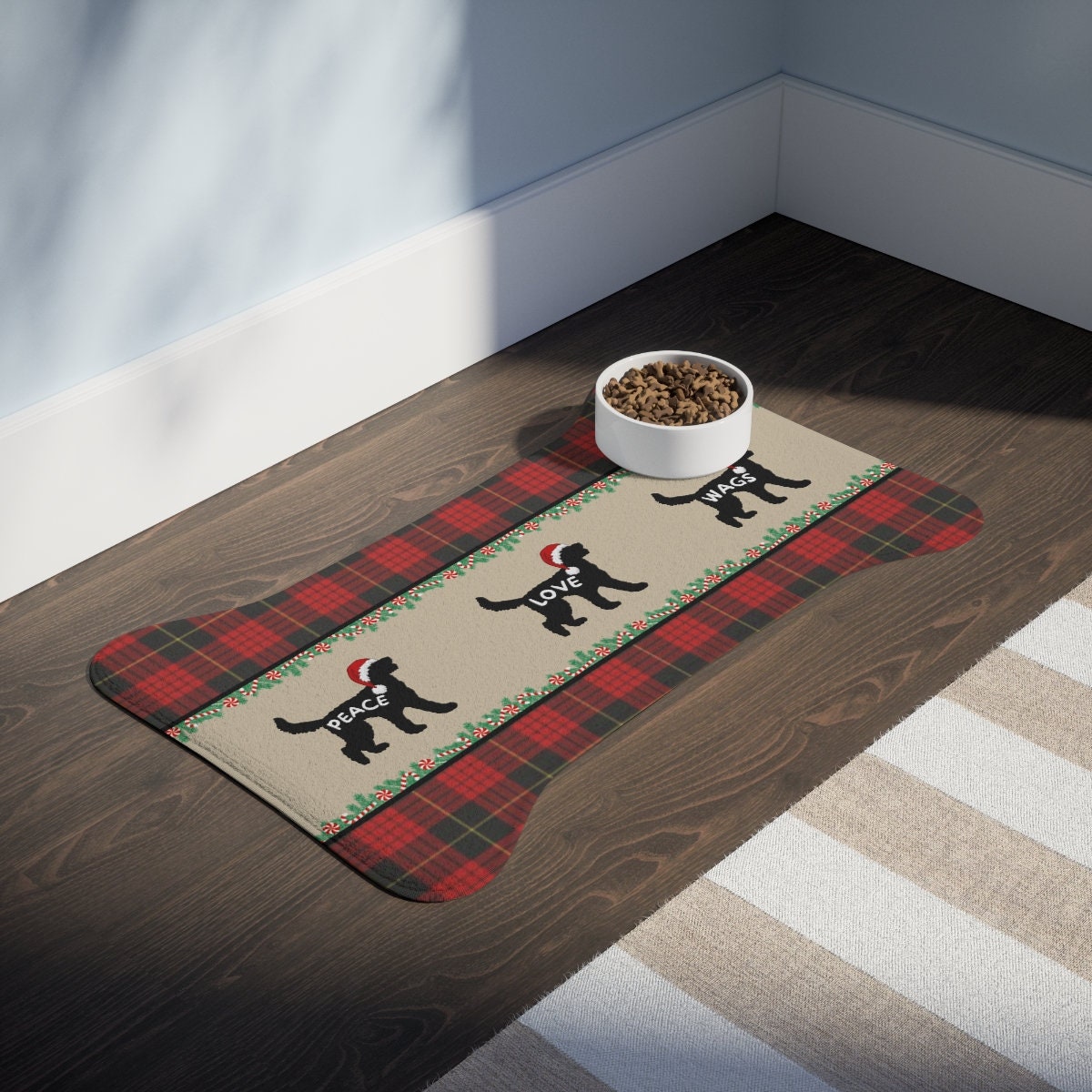 Doodle Dog Pet Feeding Mat - Bone-shaped Tartain Plaid Christmas Mat, Great Gift Idea for Doodle Mom Or Dad, Pet Bowl Mat, Food Bo