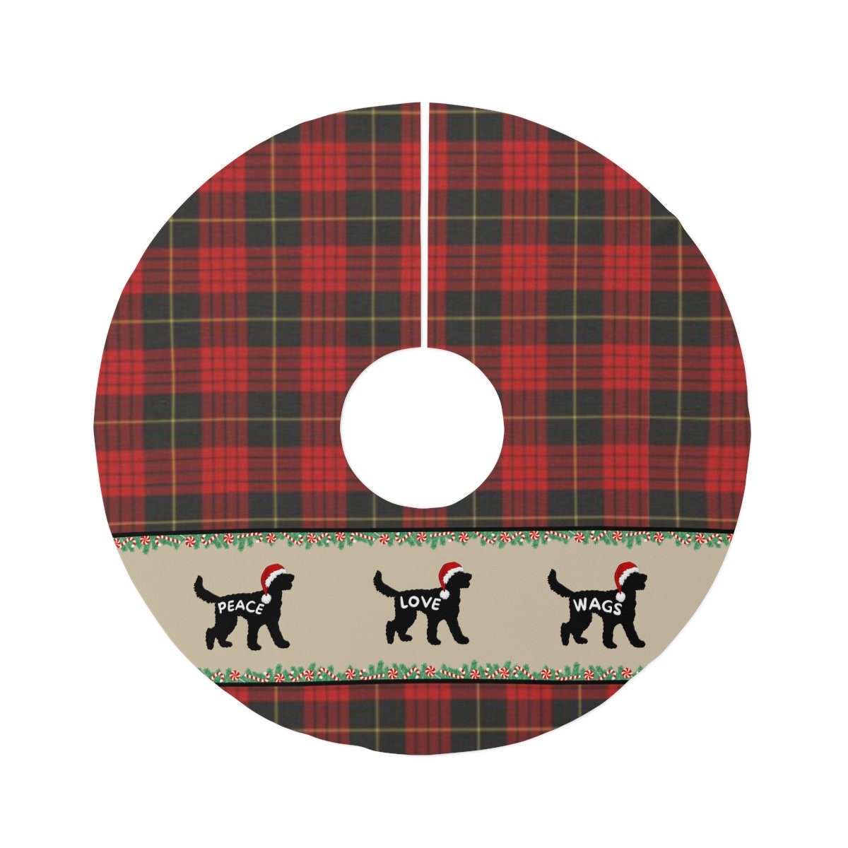 Doodle Dog Christmas Tree Skirt - Red Plaid Tree Skirt-Holiday Decoration  Round 57", Doodle Dog Decor, Aussiedoodle Decor