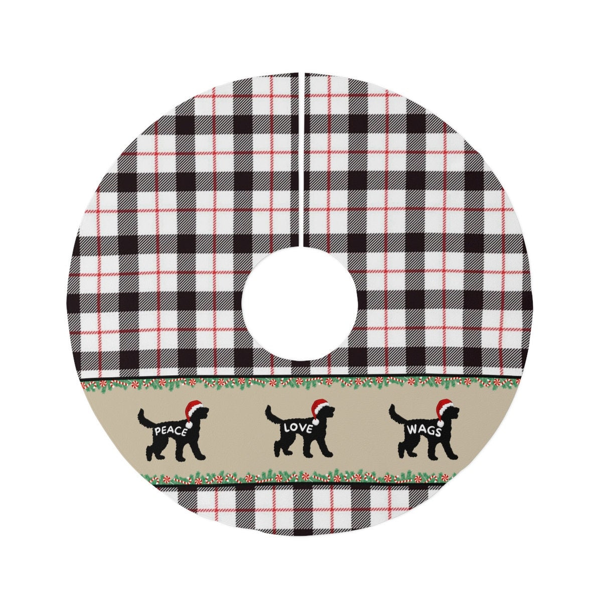 Doodle Dog Christmas Tree Skirt - Tree Skirt-Holiday Decoration  Round 57", Doodle Dog Decor, White, Black, Red Plaid