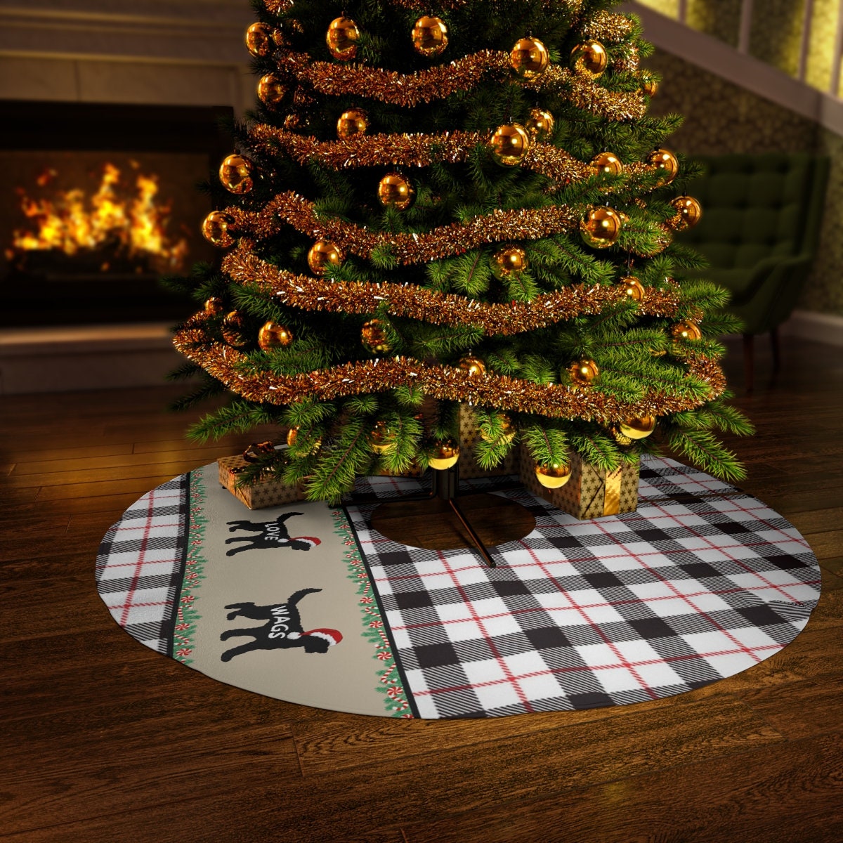 Doodle Dog Christmas Tree Skirt - Tree Skirt-Holiday Decoration  Round 57", Doodle Dog Decor, White, Black, Red Plaid