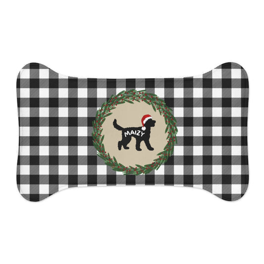 Personalized Doodle Dog Feeding Mat - Bone-shaped Pet Mat, Buffalo Check Pattern, Pet Bowl Mat, Food Bowl Rug, 2 Sizes