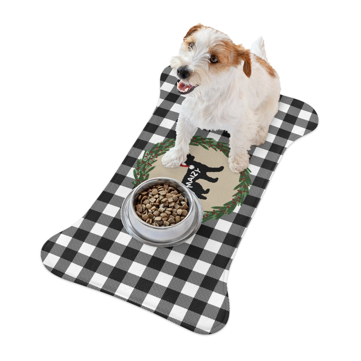 Personalized Doodle Dog Feeding Mat - Bone-shaped Pet Mat, Buffalo Check Pattern, Pet Bowl Mat, Food Bowl Rug, 2 Sizes