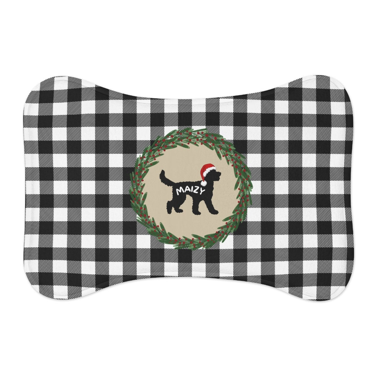 Personalized Doodle Dog Feeding Mat - Bone-shaped Pet Mat, Buffalo Check Pattern, Pet Bowl Mat, Food Bowl Rug, 2 Sizes