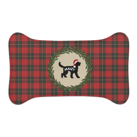 Personalized Doodle Dog Pet Feeding Mat - Bone-shaped Tartain Plaid Christmas Mat, Doodle Decor Pet Bowl Mat, Food Bowl Rug 2 Size