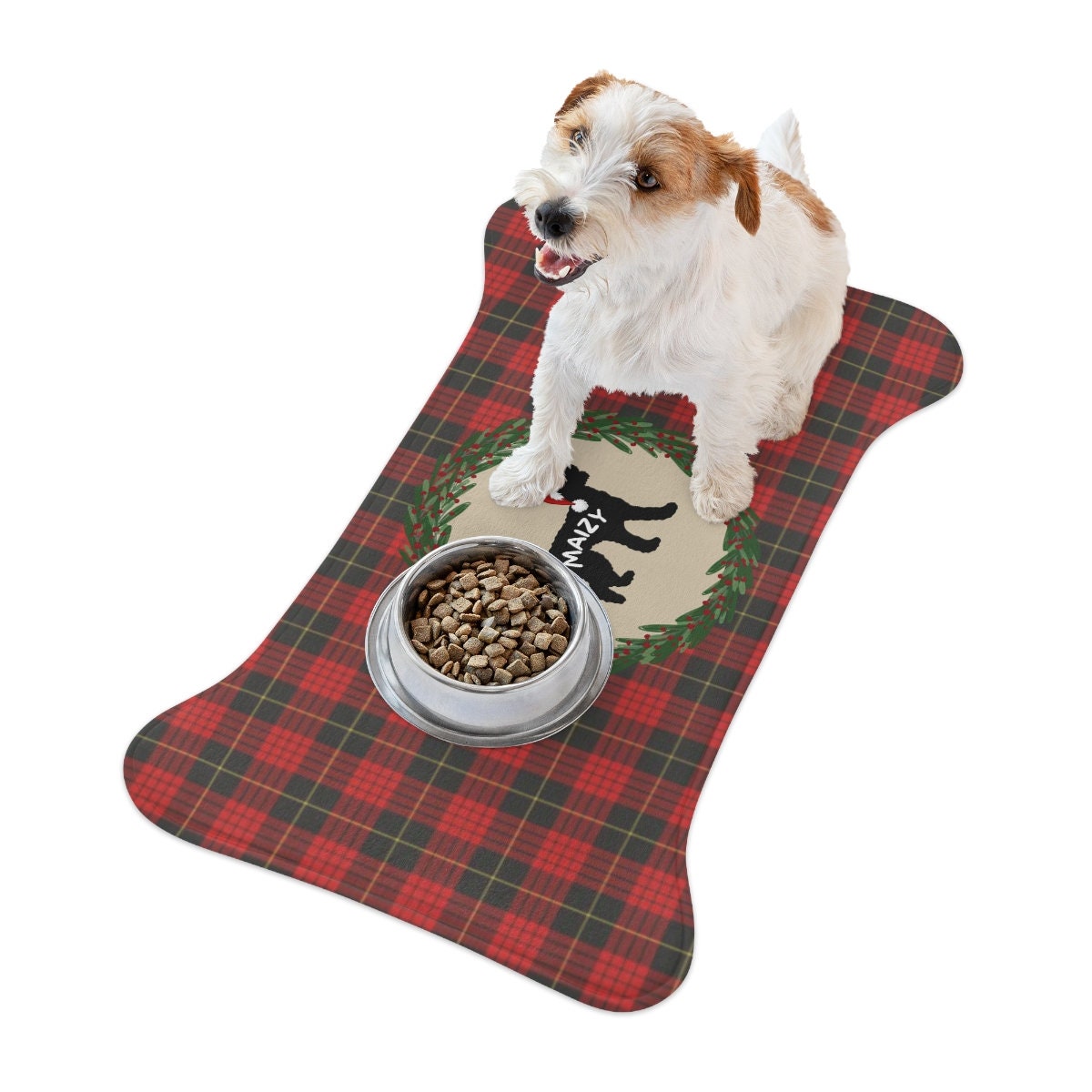 Personalized Doodle Dog Pet Feeding Mat - Bone-shaped Tartain Plaid Christmas Mat, Doodle Decor Pet Bowl Mat, Food Bowl Rug 2 Size