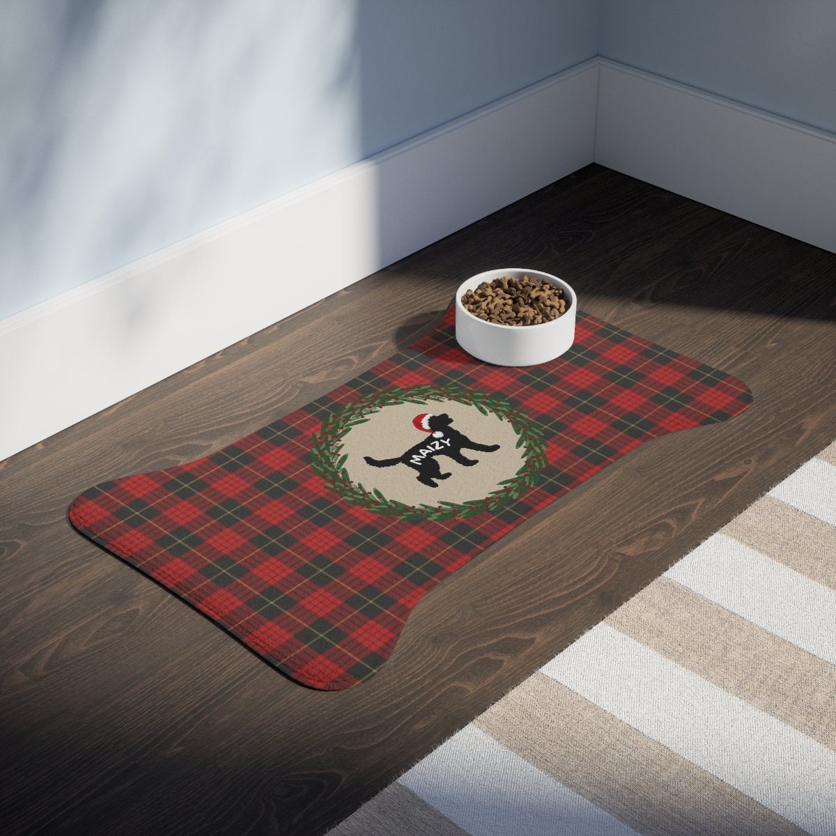 Personalized Doodle Dog Pet Feeding Mat - Bone-shaped Tartain Plaid Christmas Mat, Doodle Decor Pet Bowl Mat, Food Bowl Rug 2 Size