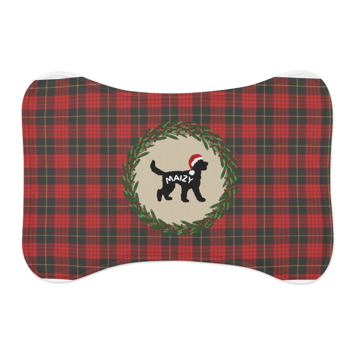 Personalized Doodle Dog Pet Feeding Mat - Bone-shaped Tartain Plaid Christmas Mat, Doodle Decor Pet Bowl Mat, Food Bowl Rug 2 Size